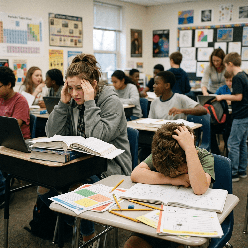 Two students appearing stressed with schoolwork in a busy classroom