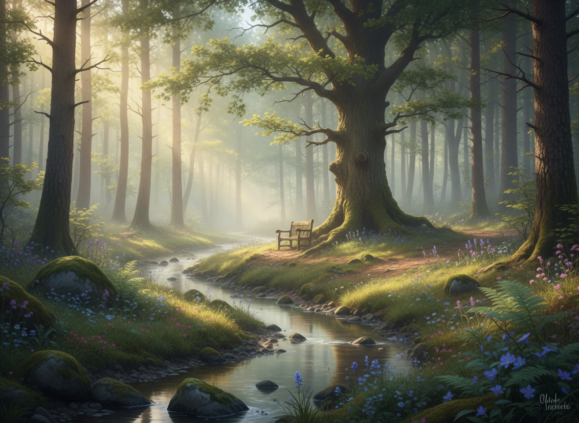 calm nature scene with forest and soft light representing relaxation and inner peace