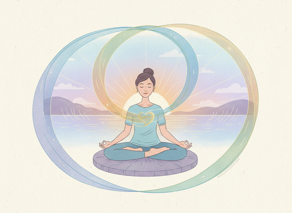 subtle illustration of a person meditating with flowing energy lines suggesting emotional balance