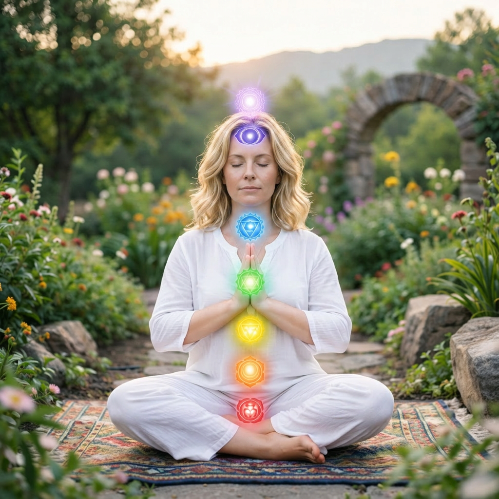 Woman seated cross-legged on a rug meditating with glowing chakra symbols along her body