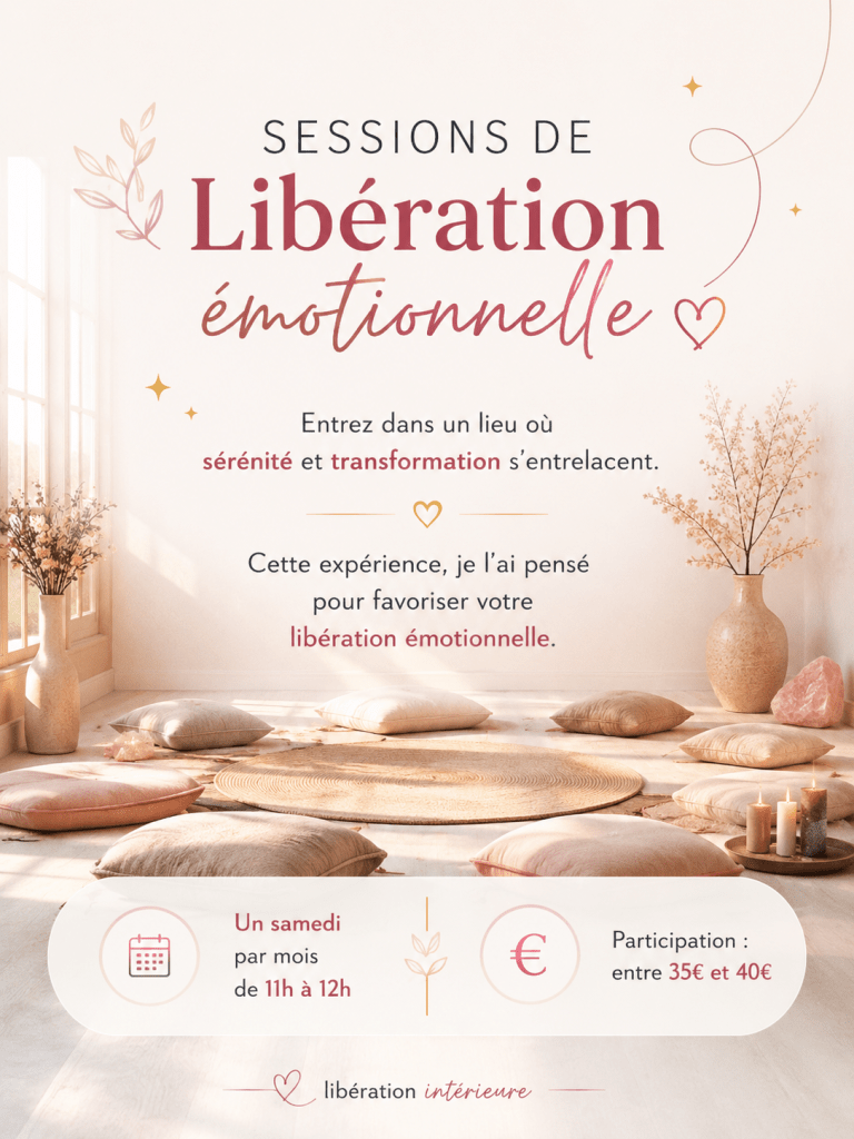 Créer UNE IMAGE POUR LES SESSIONS DE Libération émotionnelle Entrez dans un lieu où sérénité et transformation s'entrelacent. Cette expérience, je l'ai pensé pour favoriser votre libération émotionnelle. Infos pratiques : Un samedi par mois de 11h à 12h Participation : entre 35€ et 40€