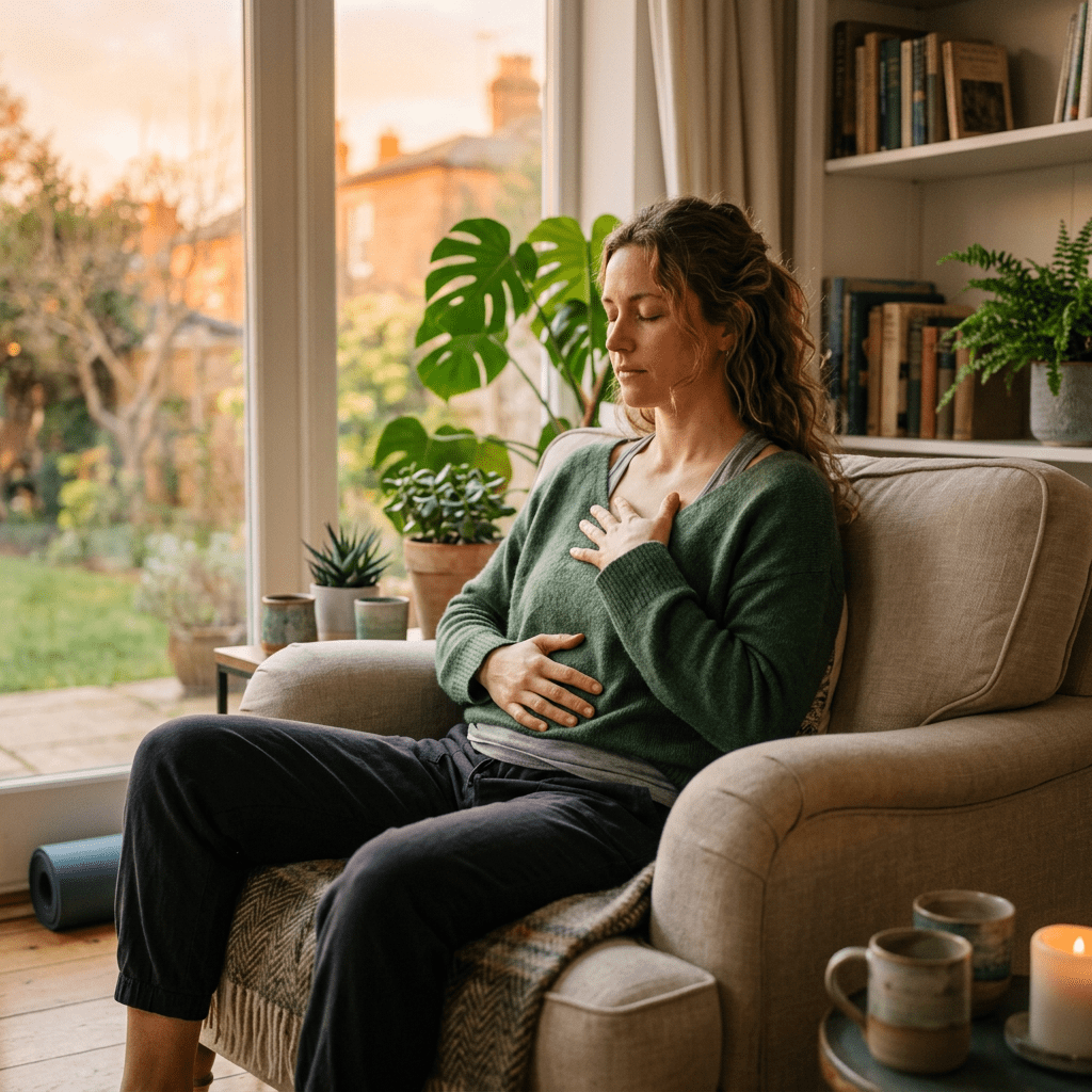 Woman sitting on a couch with eyes closed, hands on chest and stomach in calm meditation.