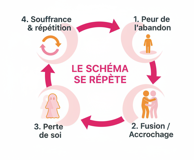 A clean, elegant infographic diagram about emotional dependency ("dépendance affective"). The schema shows a cycle with 4 interconnected stages arranged in a circle with curved arrows: 1. "Peur de l'abandon" with a small lonely figure, 2. "Fusion / Accrochage" with two figures clinging together, 3. "Perte de soi" with a faded silhouette, 4. "Souffrance & répétition" with a loop arrow. In the center of the cycle: "Le schéma se répète". Brand colors strictly: hot fuchsia pink (#E91E8C), soft powder pink (#F7C5D5), warm orange (#F4845F). White background. The arrows and circle are in fuchsia pink. Stage labels in deep charcoal. Stage icons in orange and powder pink. The center text in fuchsia. Style: modern, minimal, professional, elegant. Clean sans-serif typography. No harsh colors beyond the brand palette. Soothing yet striking visual.