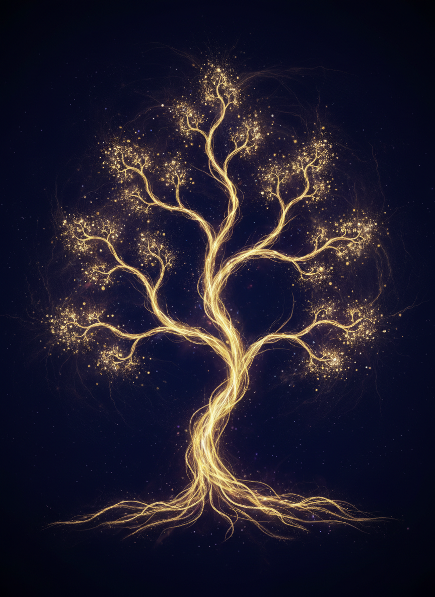 Arbre généalogique lumineux doré sur fond bleu nuit symbolisant la psychogénéalogie