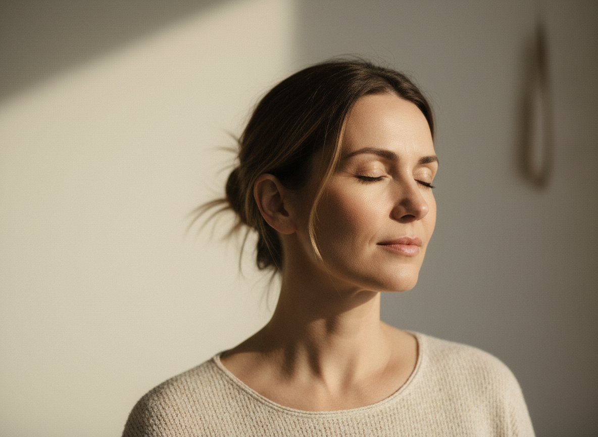 Modern, editorial-style portrait of a serene woman in her 40s, eyes gently closed, soft natural light from the side, clean minimal background in warm cream and taupe tones, high-end photography aesthetic, shallow depth of field, contemporary wellness branding feel — not stock photo, not spa cliché, cinematic and real