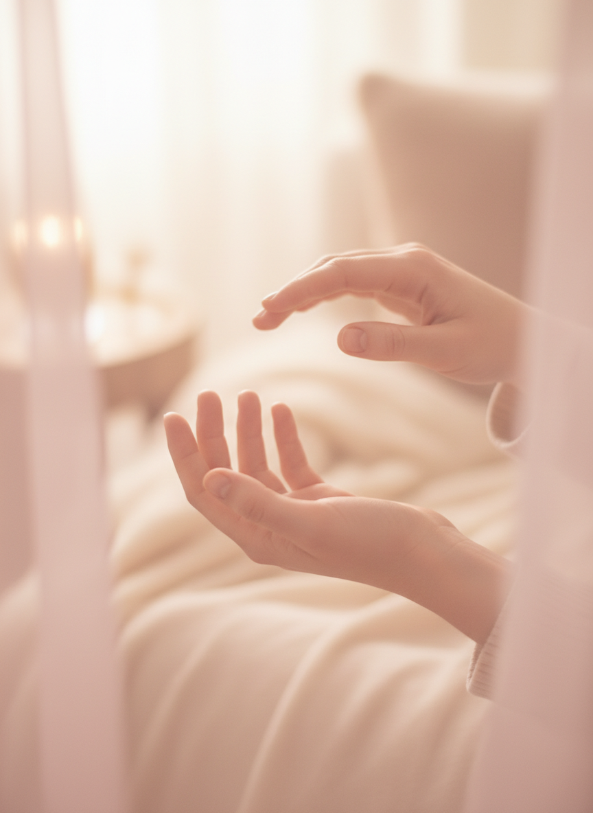 Gros plan doux de mains posées avec délicatesse, lumière crème et rose poudré, ambiance méditative