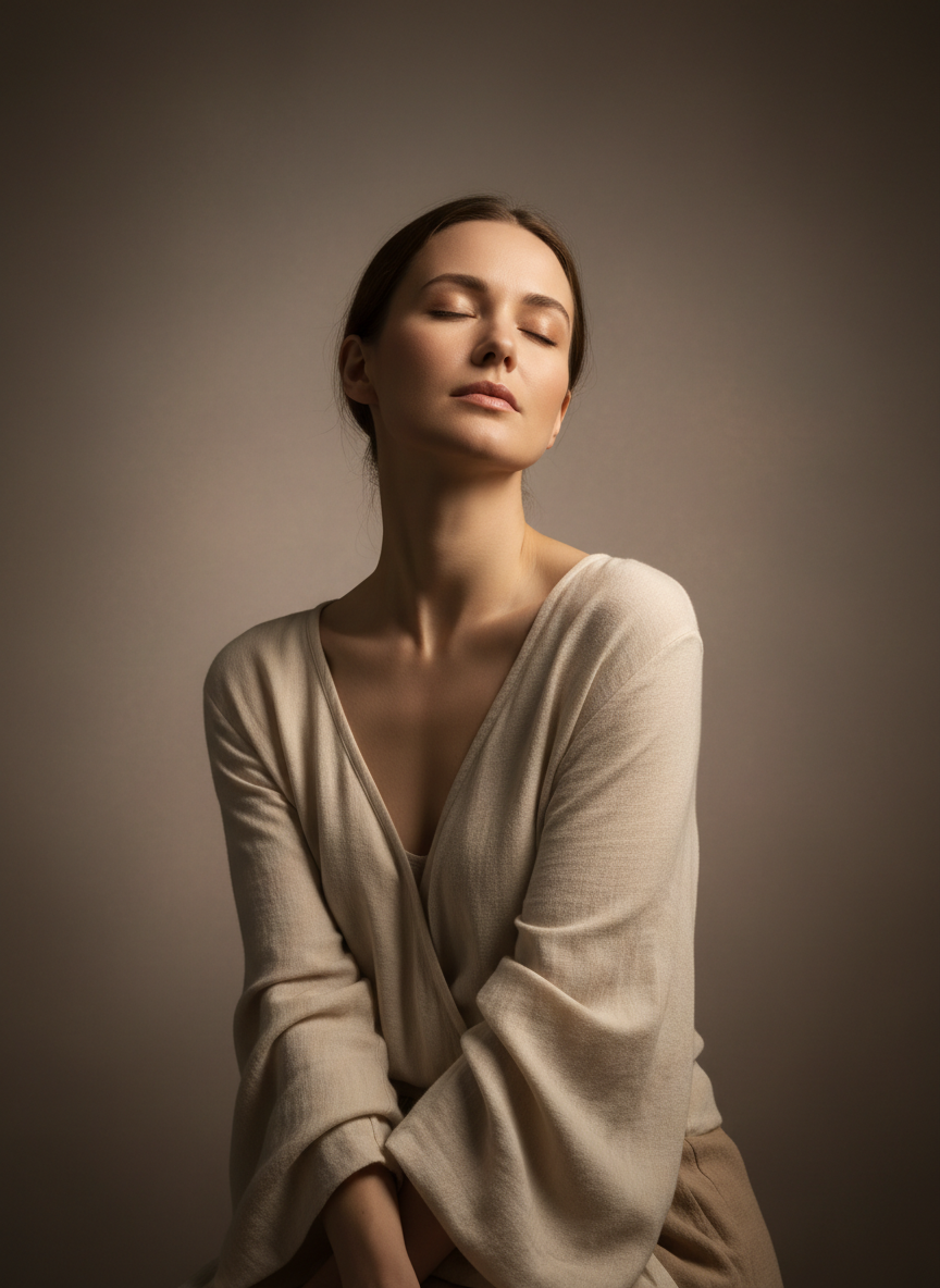 Femme sereine aux yeux fermes, lumiere douce et chaude, ambiance introspective et apaisee