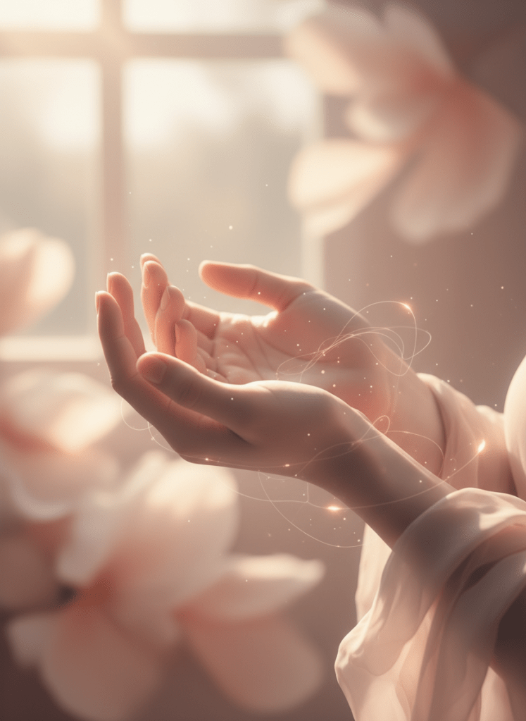Abstract close-up of two hands gently holding, warm natural light, soft dusty rose and beige palette, sense of energy and healing, delicate and serene, blurred organic background, no text