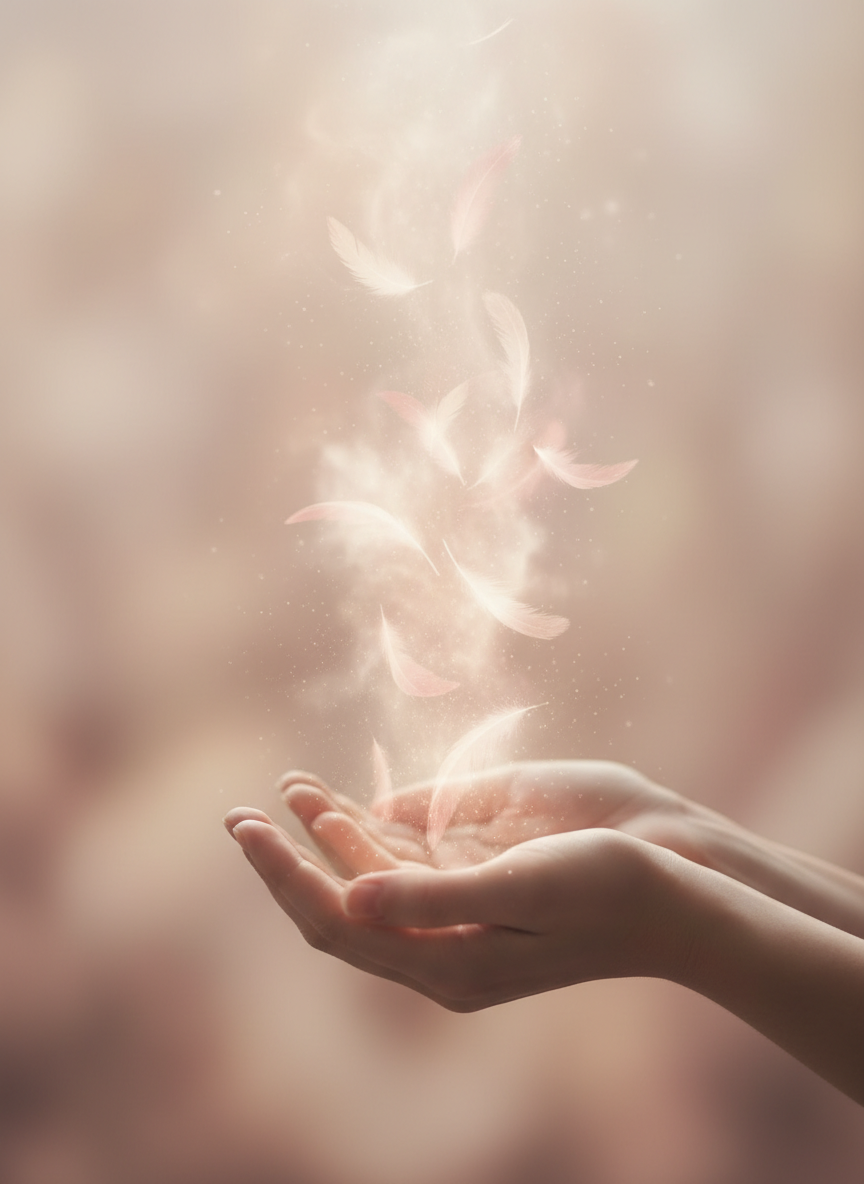 Mains libérant une douce lumière dans des tons de rose poudré et crème, atmosphère tendre et apaisante.