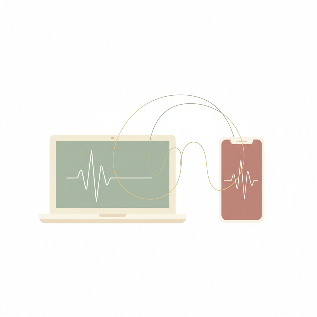 Soft minimalist illustration of a laptop computer and a smartphone side by side, connected by gentle flowing lines suggesting a video call session. Warm calming color palette of cream, soft sage green, dusty rose and gentle gold accents. Flat modern editorial illustration style, lots of white space, serene wellness and hypnotherapy mood, no text, no people. Soft minimalist illustration of a laptop computer and a smartphone side by side, connected by gentle flowing lines suggesting a video call session. Warm calming color palette of cream, soft sage green, dusty rose and gentle gold accents. Flat modern editorial illustration style, lots of white space, serene wellness and hypnotherapy mood, no text, no people.