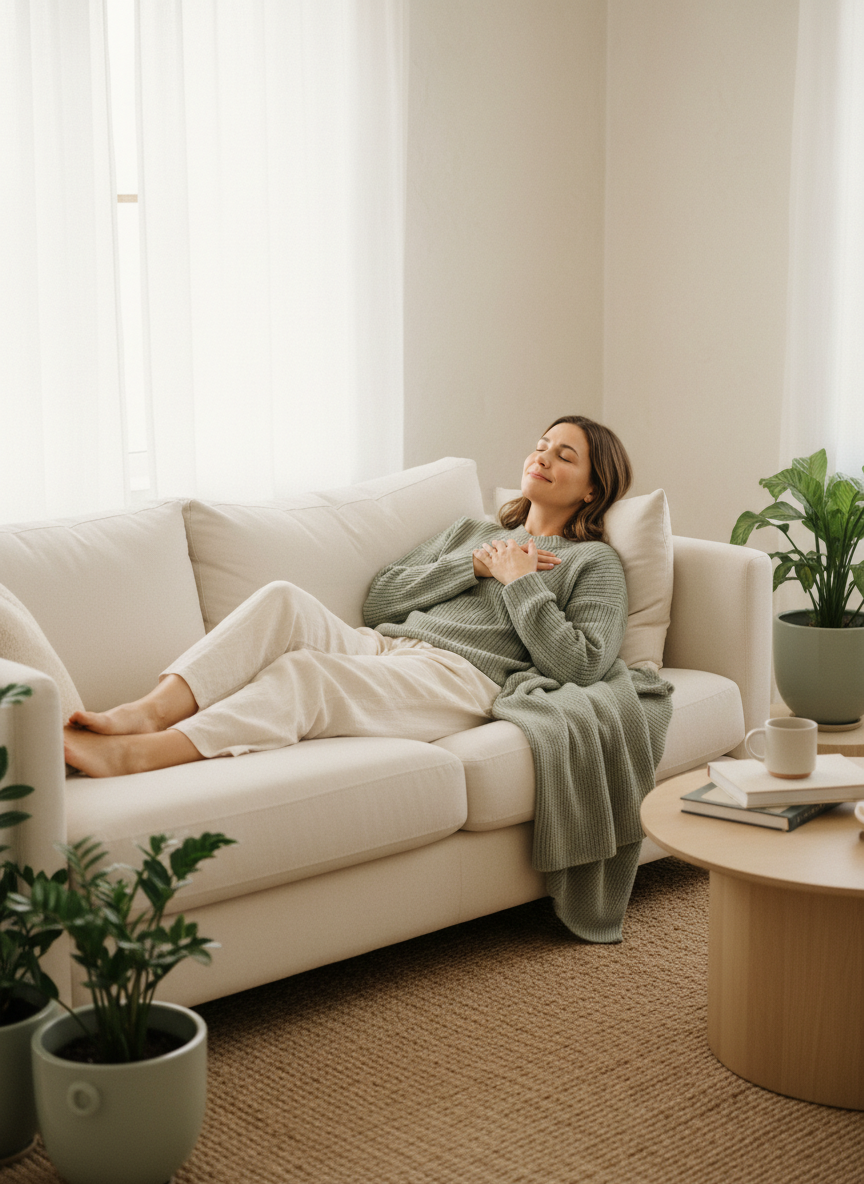 Femme sereine et détendue chez elle dans une lumière naturelle douce, ambiance bien-être aux tons crème et sauge
