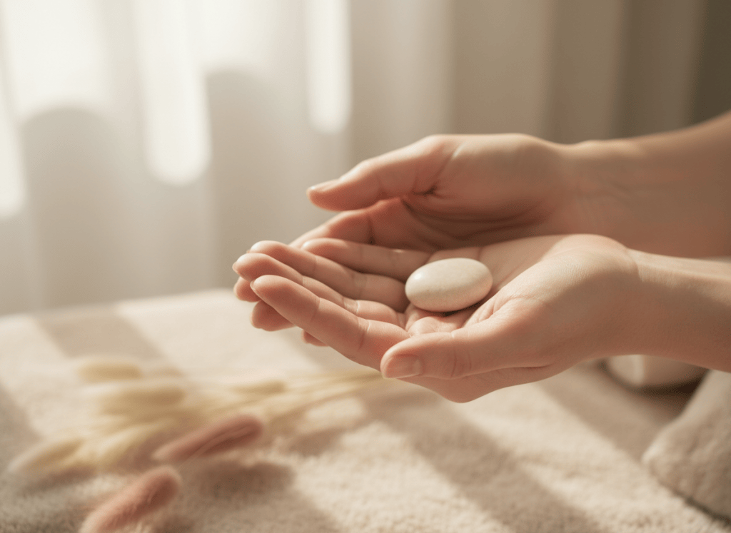 Serene womans hands resting gently in soft natural light, warm golden beige and dusty rose tones, quiet intimate wellness atmosphere, elegant minimal composition with plenty of negative space