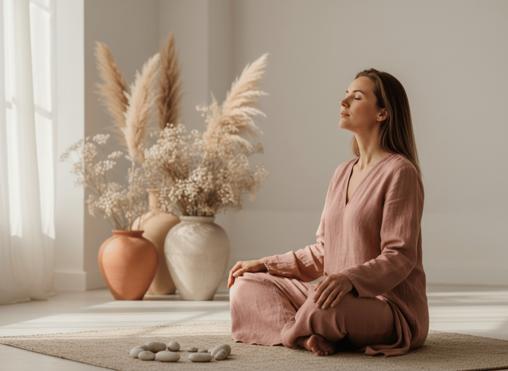Editorial wellness photograph of a serene woman releasing emotional tension and returning to calm, eyes closed, gently exhaling, peaceful grounded posture, soft natural light, airy negative space, muted terracotta cream beige and dusty rose palette, realistic elegant feminine accompaniment aesthetic, no text, no logo.