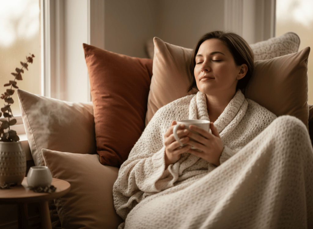 Soft editorial wellness photograph of a tired woman resting and replenishing herself in a quiet cozy setting, wrapped in a soft cream fabric, peaceful expression, restorative feminine self-care atmosphere, warm natural light, muted terracotta cream beige and dusty rose palette, realistic elegant photography, no text, no logo.