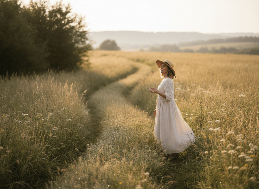 Femme sereine dans la nature, introspective, prête à ouvrir une nouvelle voie