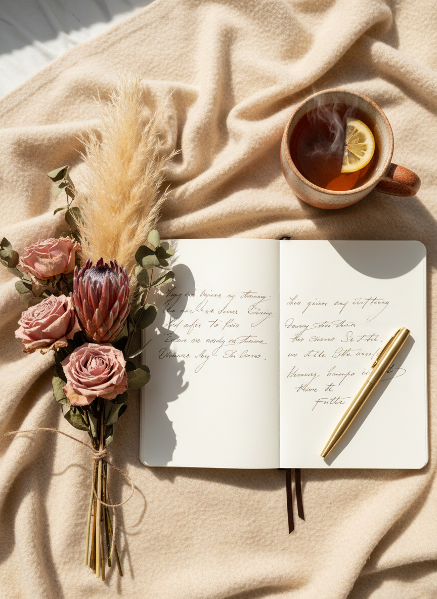 Carnet ouvert, fleurs séchées et tasse de thé sur une table crème pour illustrer les articles bien-être