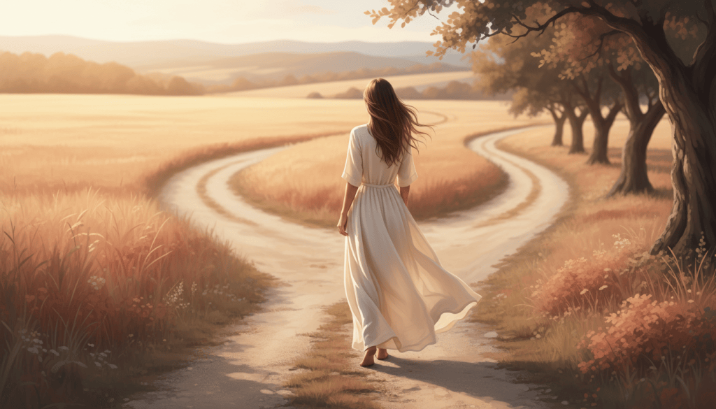 Femme face à un chemin qui bifurque au coucher du soleil, symbole du changement et de la sortie des schémas répétitifs